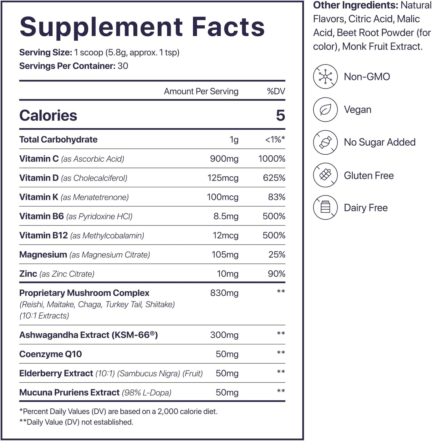 Vegan Citrus Beverage with Immune Support - 16 Vitamins, Antioxidants, Minerals, Adaptogens, Mushrooms - Non-GMO, No Sugar, Dairy, Gluten