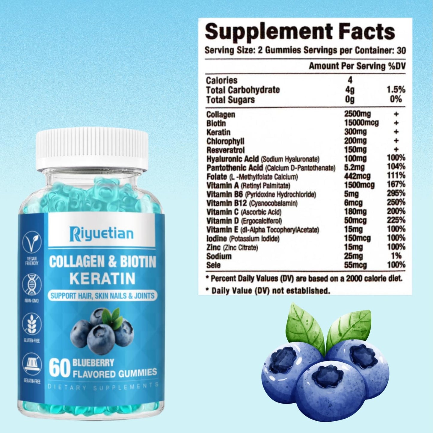 Vegan Collagen Biotin Gummies for Hair Skin Nails - 120 Gummies for Men & Women - Biotin 15000mcg - Non-GMO Hair Vitamins