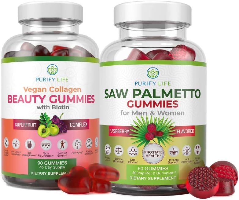 Vegan Collagen Gummies Bundle with Biotin & Saw Palmetto Extract for Hair, Skin, and Nails Health, Hormonal Balance, Gluten-Free & Vegan - Replace Capsules