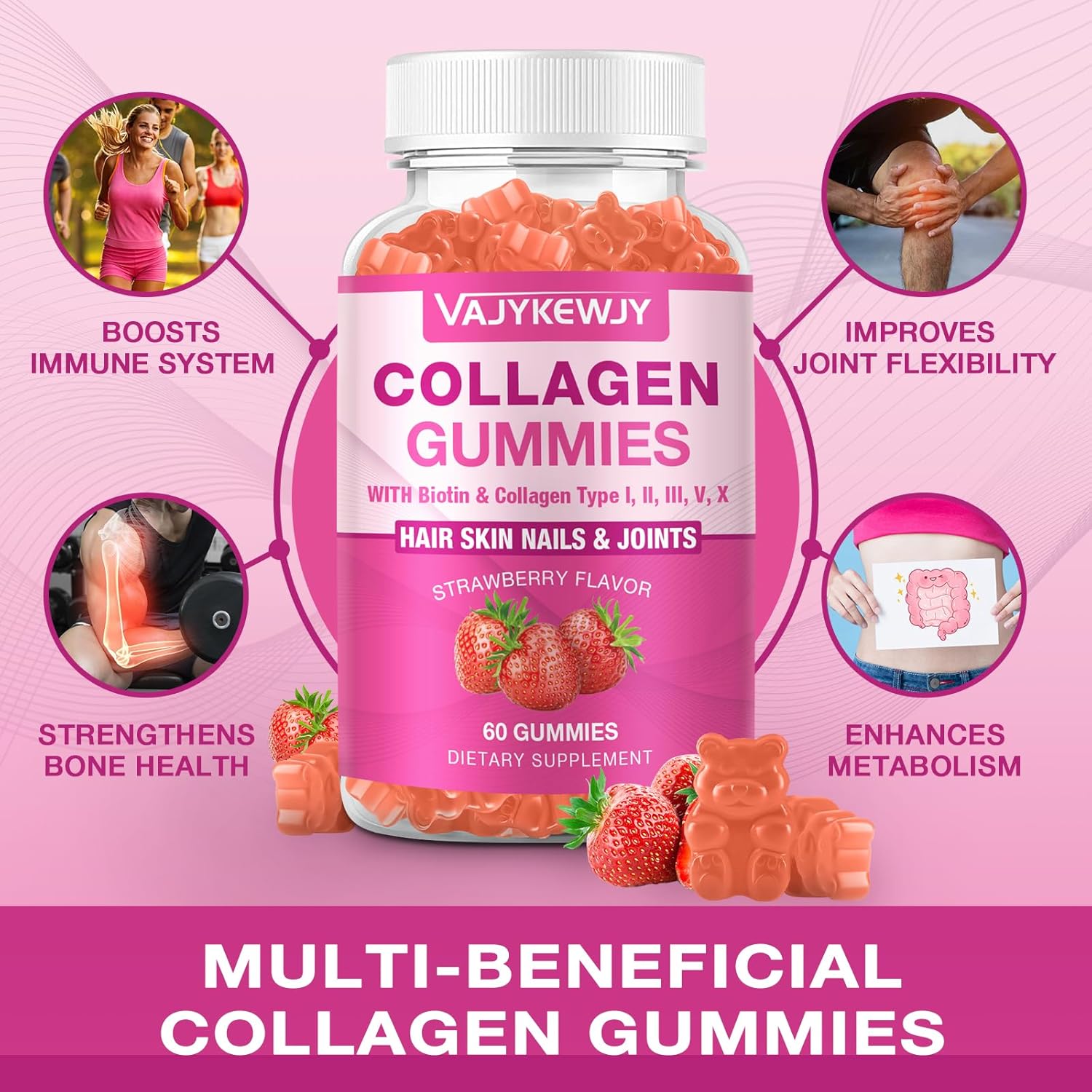 Vegan Collagen Gummies with Biotin, Vitamin C, & Zinc for Skin, Hair, Nails, & Joints - 60 Count