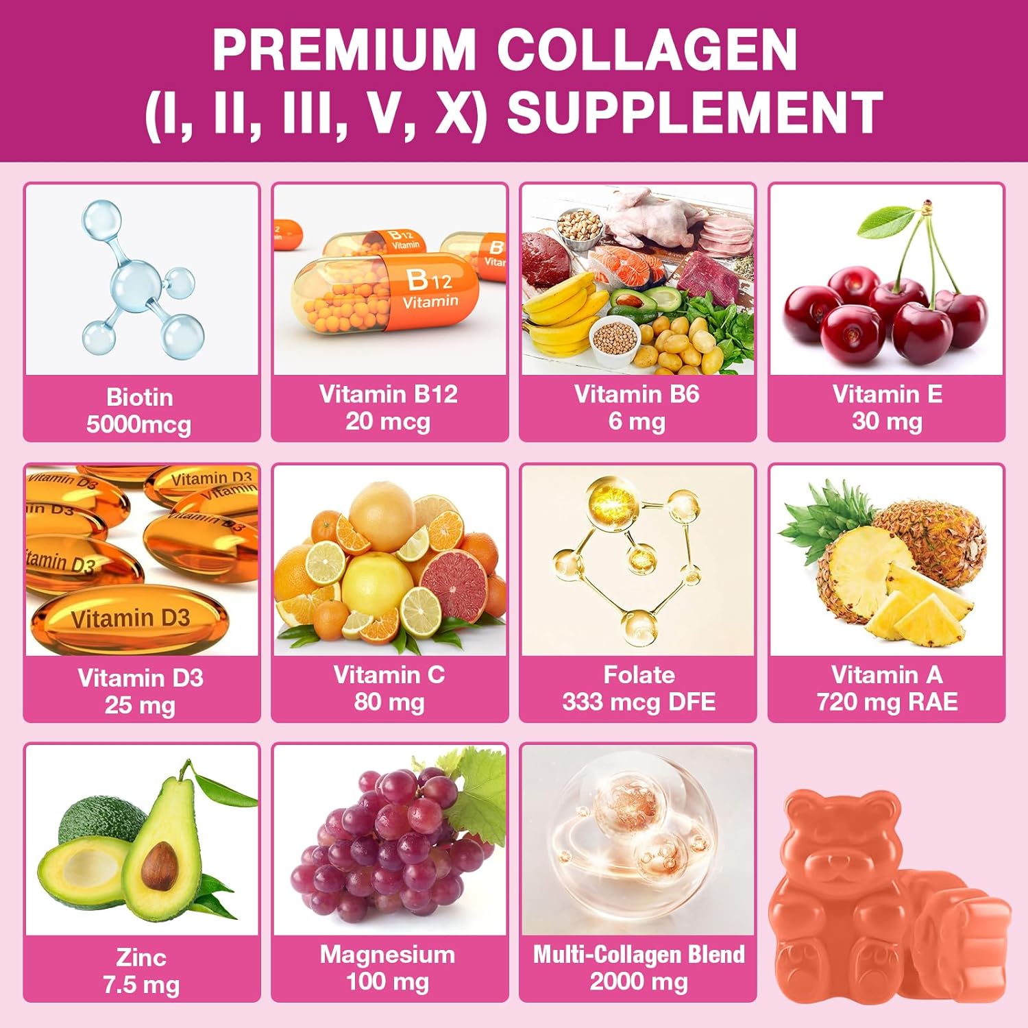 Vegan Collagen Gummies with Biotin, Vitamin C, & Zinc for Skin, Hair, Nails, & Joints - 60 Count