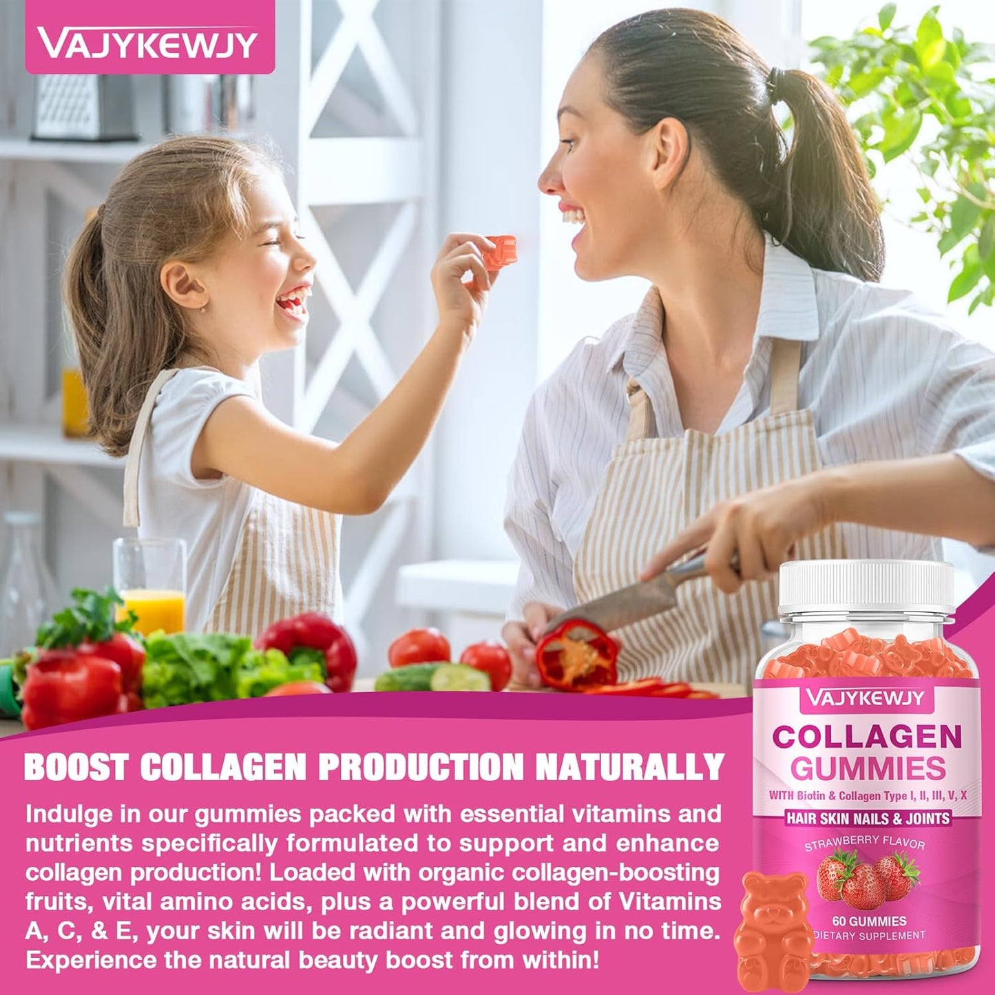 Vegan Collagen Gummies with Biotin, Vitamin C, & Zinc for Skin, Hair, Nails, & Joints - 60 Count