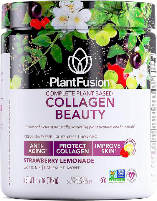 Vegan Collagen Powder for Women - Plant-Based Beauty Supplement for Hair, Skin, and Nails - Gluten-Free, Non-Dairy, Non-GMO - Strawberry Lemonade Flavor - 18 Servings