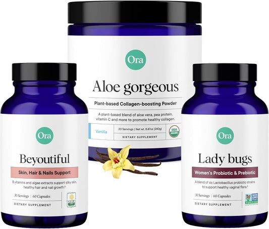 Vegan Collagen & Probiotics Bundle: Aloe Vera - Vanilla Flavor, 20 Servings + 60 Capsules - Hair, Skin, & Nails Support