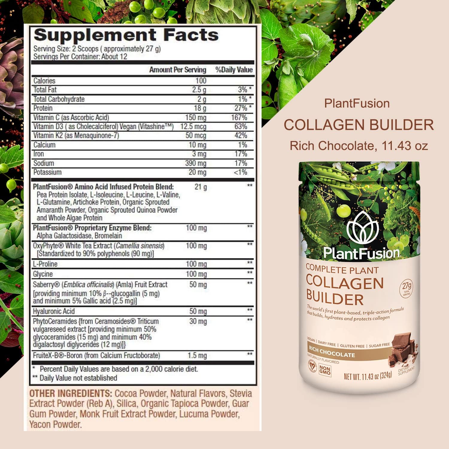 Vegan Collagen Protein Powder for Muscle, Joints, Hair, Skin & Nails - Chocolate Flavor, Keto & Gluten Free - 11.43 oz