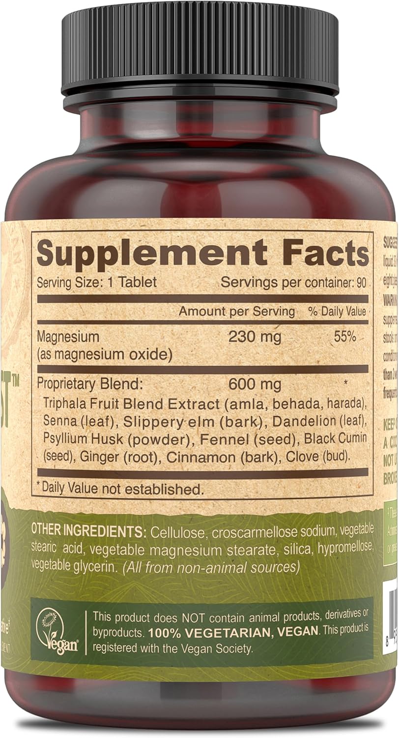 Vegan Colon Assist Tablets with Magnesium, Triphala, Psyllium Husk, Senna, Cinnamon - 90 Count
