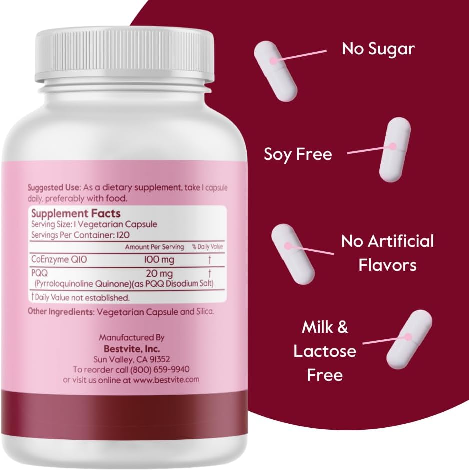 Vegan Coq10 100mg with PQQ 20mg - Non GMO - Gluten Free - 120 Veggie Capsules by BESTVITE