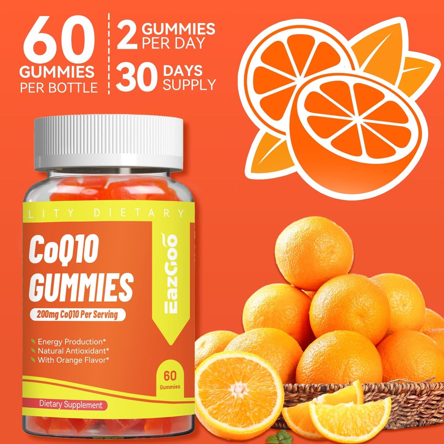 Vegan CoQ10 Gummies 200mg for Energy Production, Non-GMO & Gluten Free - 60 Gummies by EAZGOO