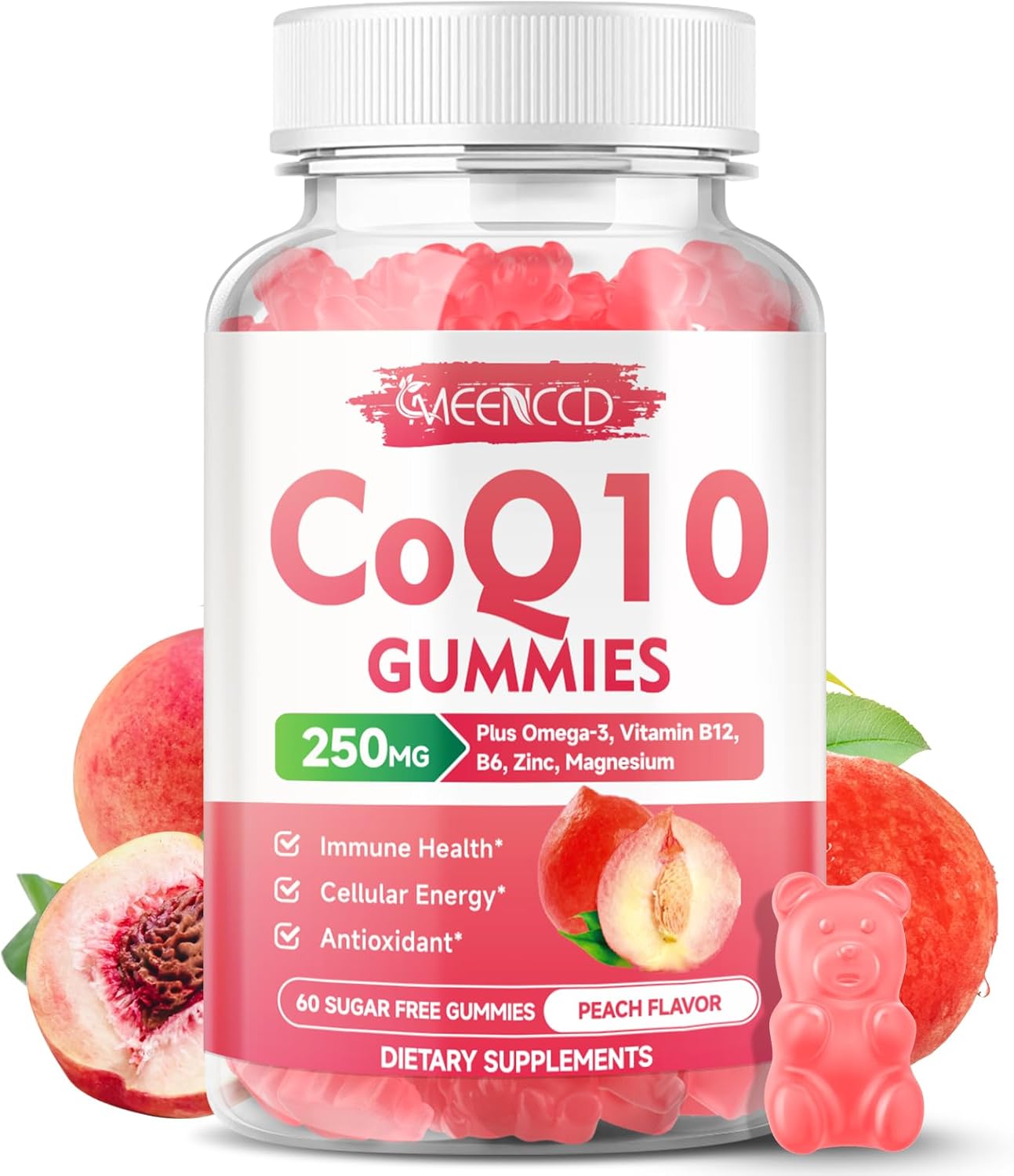 Vegan CoQ10 Gummies with Omega-3, Vitamin B6, and Zinc for Cellular Energy & Antioxidant Support - Peach Flavor (60 Count)