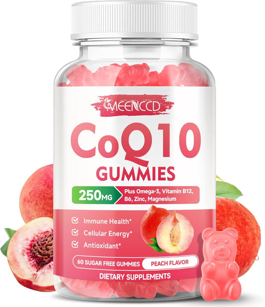 Vegan CoQ10 Gummies with Omega-3, Vitamin B6, and Zinc for Cellular Energy & Antioxidant Support - Peach Flavor (60 Count)
