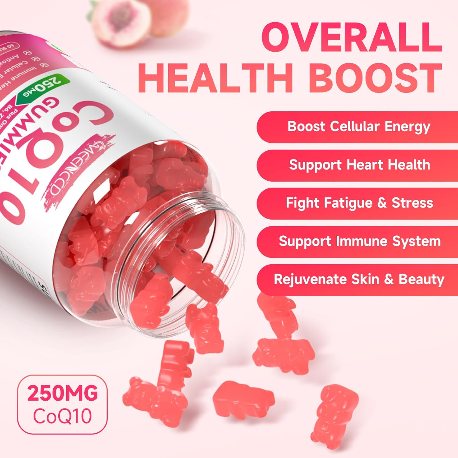 Vegan CoQ10 Gummies with Omega-3, Vitamin B6, and Zinc for Cellular Energy & Antioxidant Support - Peach Flavor (60 Count)
