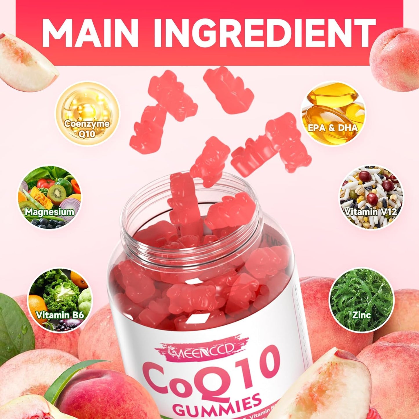 Vegan CoQ10 Gummies with Omega-3, Vitamin B6, and Zinc for Cellular Energy & Antioxidant Support - Peach Flavor (60 Count)