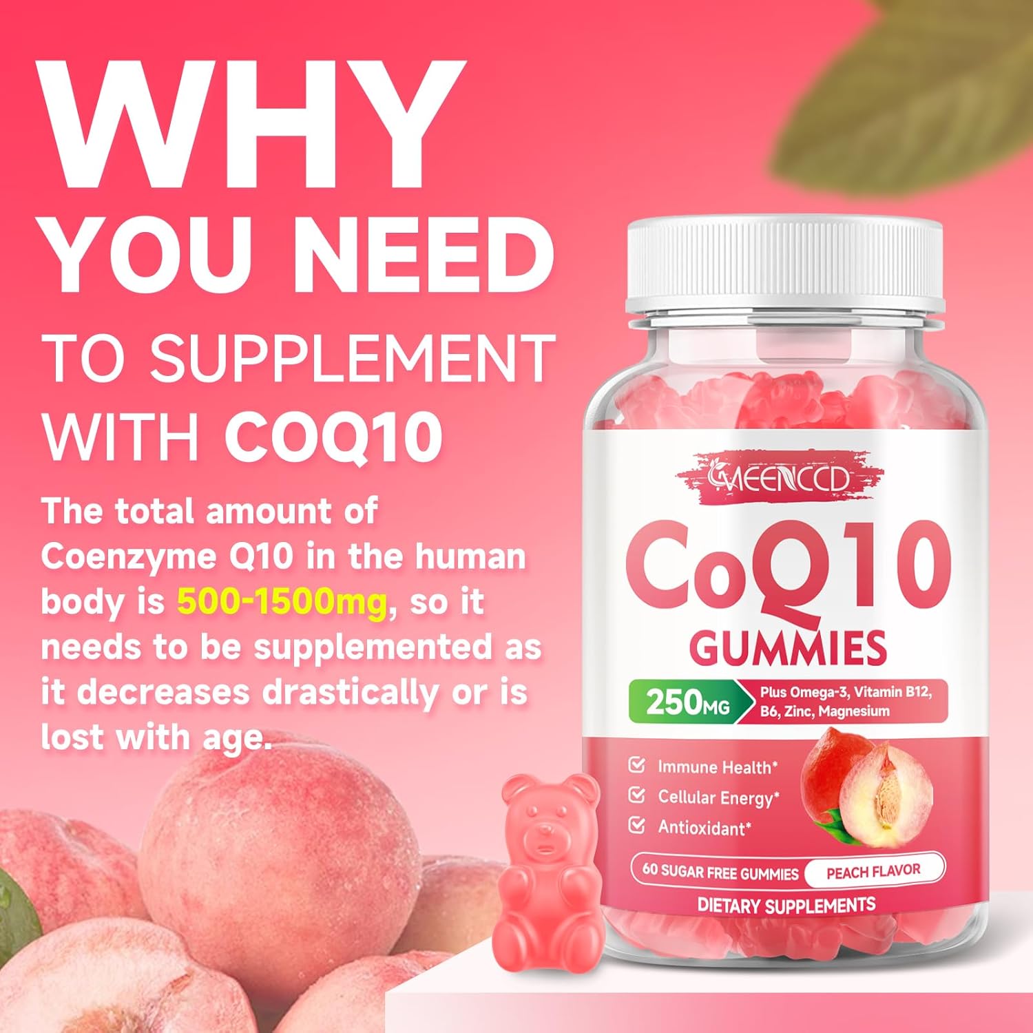 Vegan CoQ10 Gummies with Omega-3, Vitamin B6, and Zinc for Cellular Energy & Antioxidant Support - Peach Flavor (60 Count)