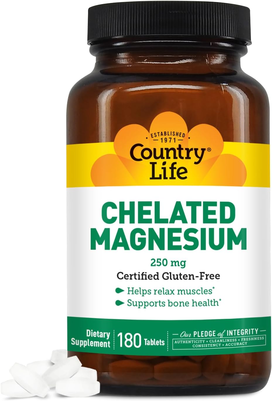 Vegan Country Life Chelated Magnesium 250mg Supplement for Heart, Bone, and Muscle Health - Gluten-Free Formula with Magnesium Oxide and Amino Acid Chelate