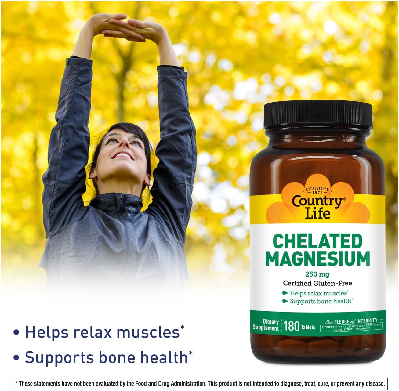 Vegan Country Life Chelated Magnesium 250mg Supplement for Heart, Bone, and Muscle Health - Gluten-Free Formula with Magnesium Oxide and Amino Acid Chelate