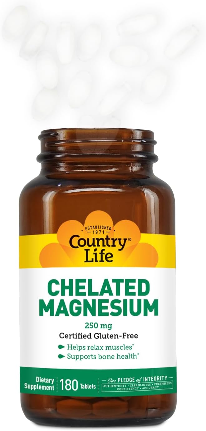 Vegan Country Life Chelated Magnesium 250mg Supplement for Heart, Bone, and Muscle Health - Gluten-Free Formula with Magnesium Oxide and Amino Acid Chelate