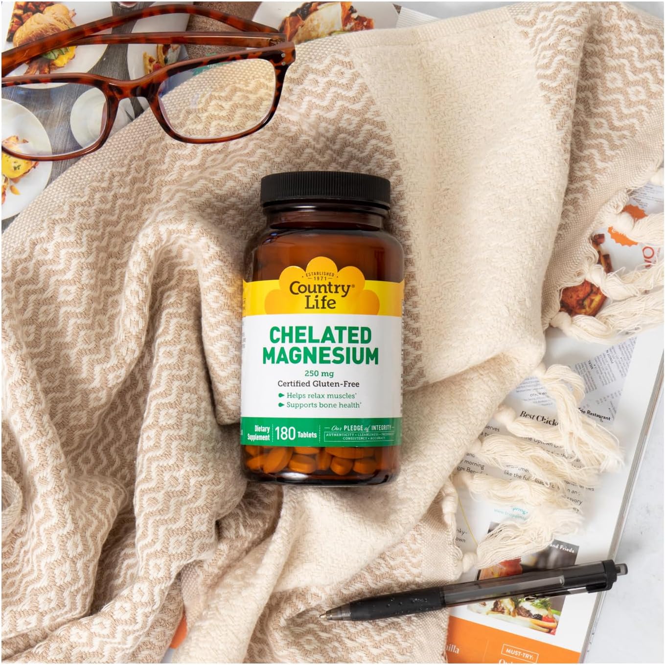 Vegan Country Life Chelated Magnesium 250mg Supplement for Heart, Bone, and Muscle Health - Gluten-Free Formula with Magnesium Oxide and Amino Acid Chelate