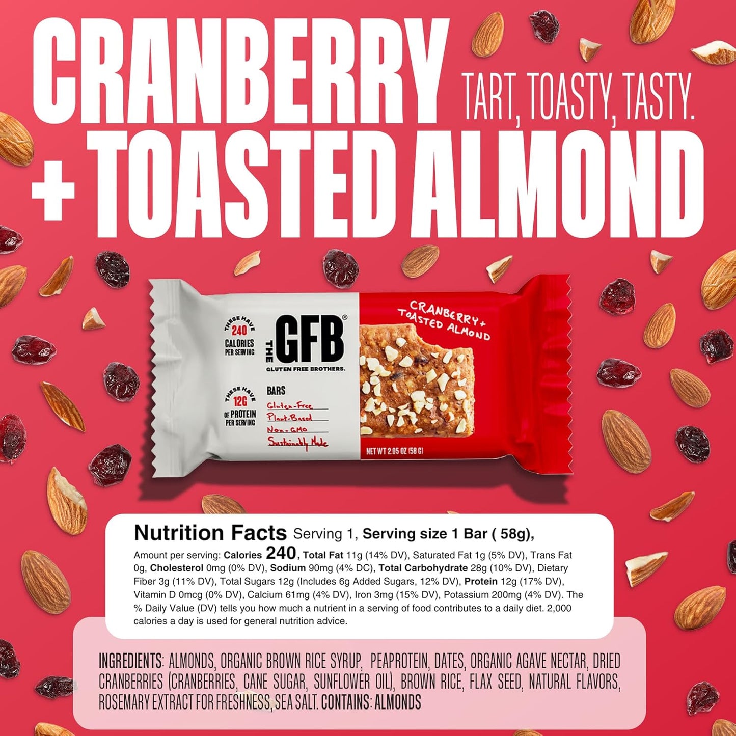 Vegan Cranberry Toasted Almond Protein Bars - Gluten-Free, Non-GMO, Plant-Based Snack (12 Count)