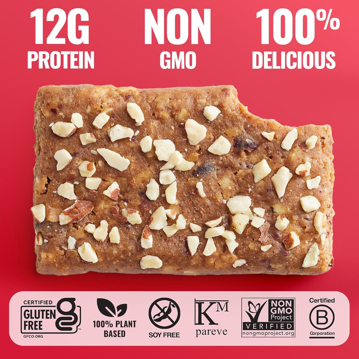 Vegan Cranberry Toasted Almond Protein Bars - Gluten-Free, Non-GMO, Plant-Based Snack (12 Count)