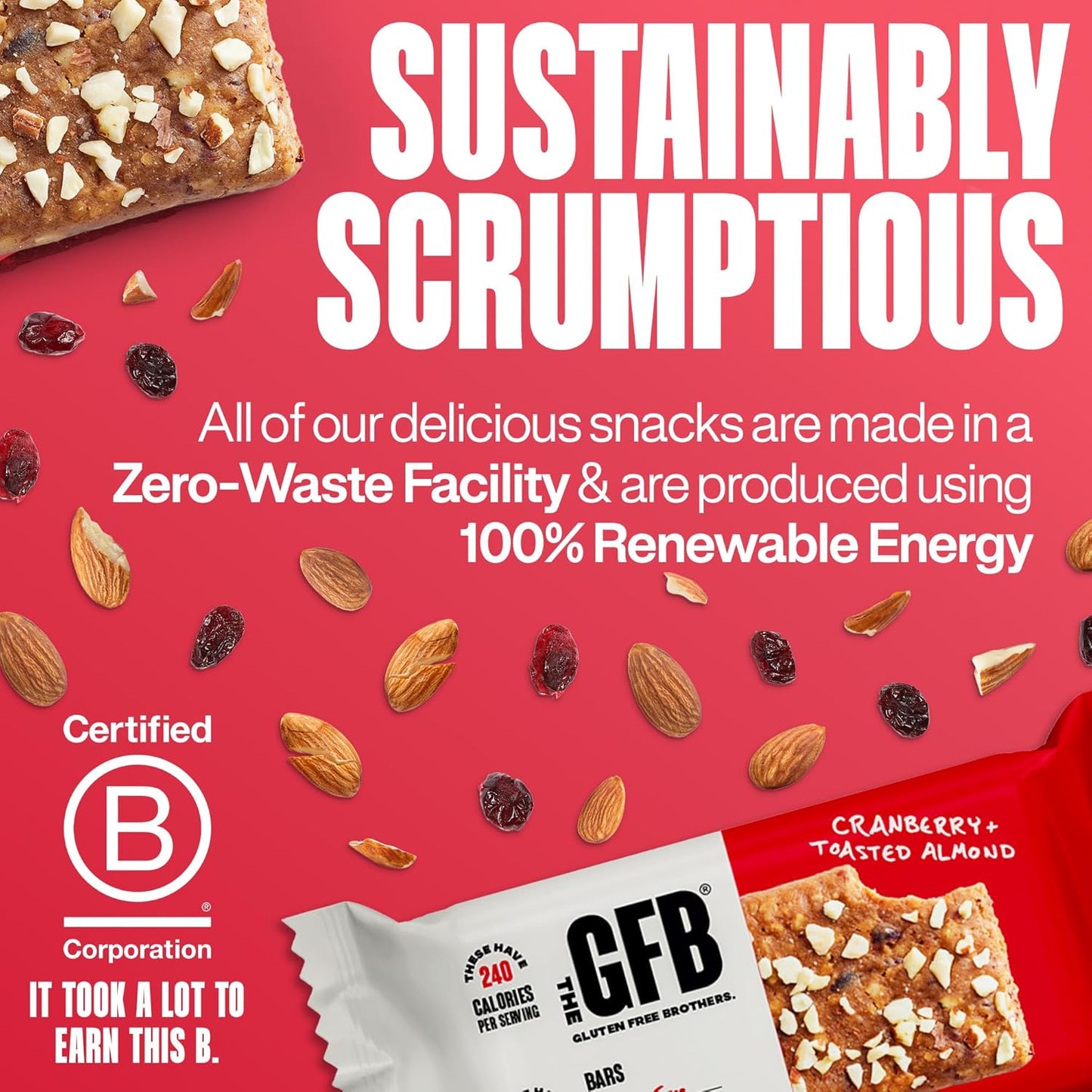 Vegan Cranberry Toasted Almond Protein Bars - Gluten-Free, Non-GMO, Plant-Based Snack (12 Count)