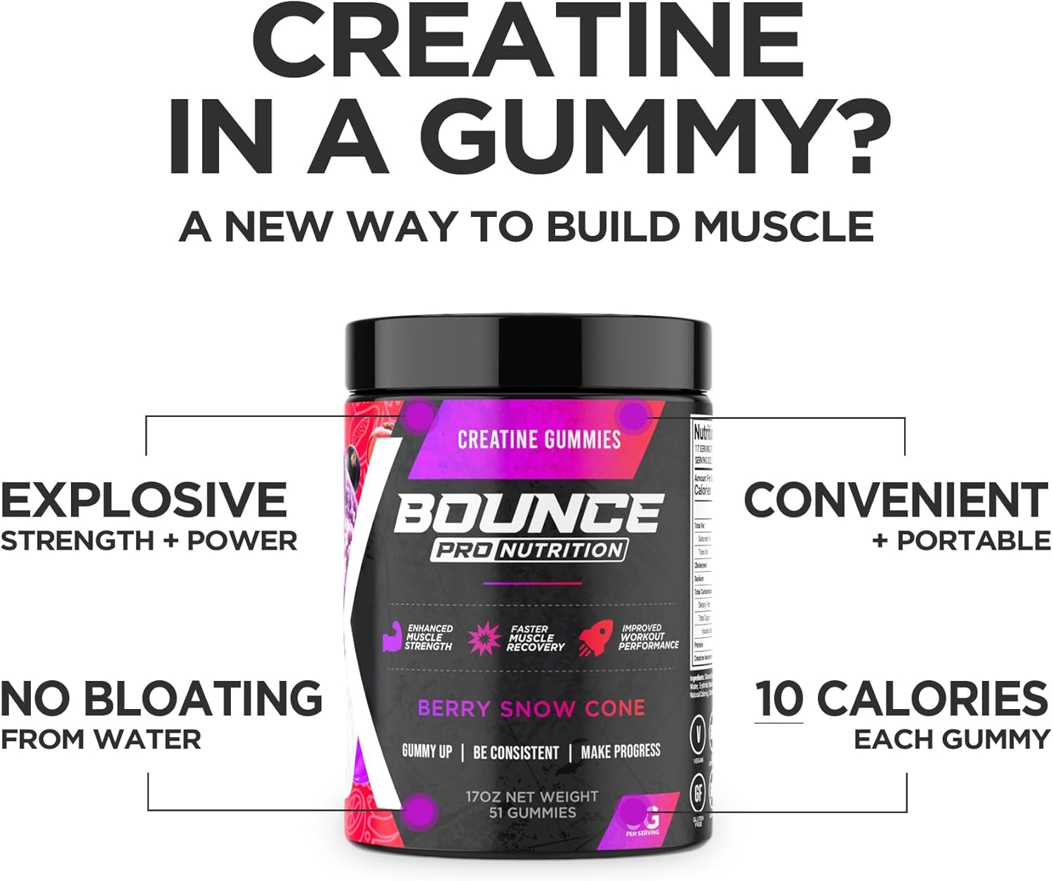 Vegan Creatine Gummies for Men & Women, Low Calorie, Gluten-Free, Non-GMO (72ct, Berry Snow Cone)