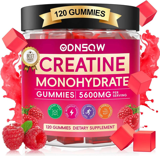 Vegan Creatine Monohydrate Gummies for Muscle Strength - 120 CT Raspberry Flavor - Sugar Free - 5600mg per Serving for Men & Women