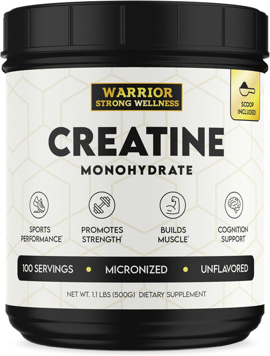 Vegan Creatine Monohydrate Powder - Warrior Strong Wellness, 1lb, Unflavored Micronized, 100 Servings, Supports Muscles & Energy