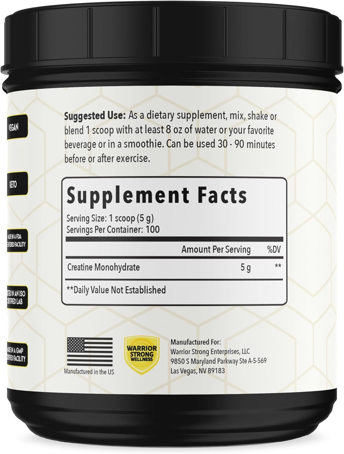 Vegan Creatine Monohydrate Powder - Warrior Strong Wellness, 1lb, Unflavored Micronized, 100 Servings, Supports Muscles & Energy