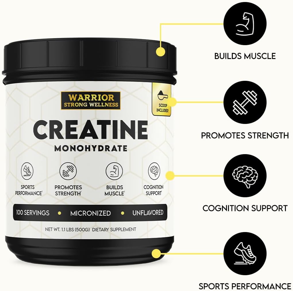 Vegan Creatine Monohydrate Powder - Warrior Strong Wellness, 1lb, Unflavored Micronized, 100 Servings, Supports Muscles & Energy