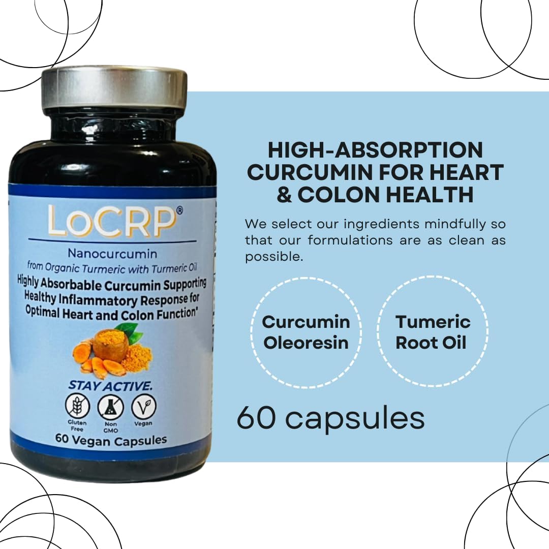 Vegan Curcumin & Turmeric Oil Capsules for Heart and Colon Support - Vonacor LoCRP Nano-Absorb Formula, 60-Day Supply