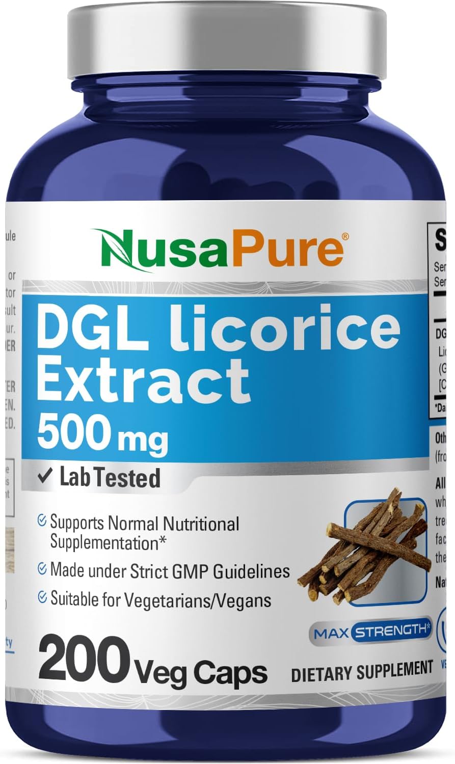 Vegan DGL Licorice Extract Capsules 500mg - Non-GMO Supplement by NusaPure (200 Veggie Caps)