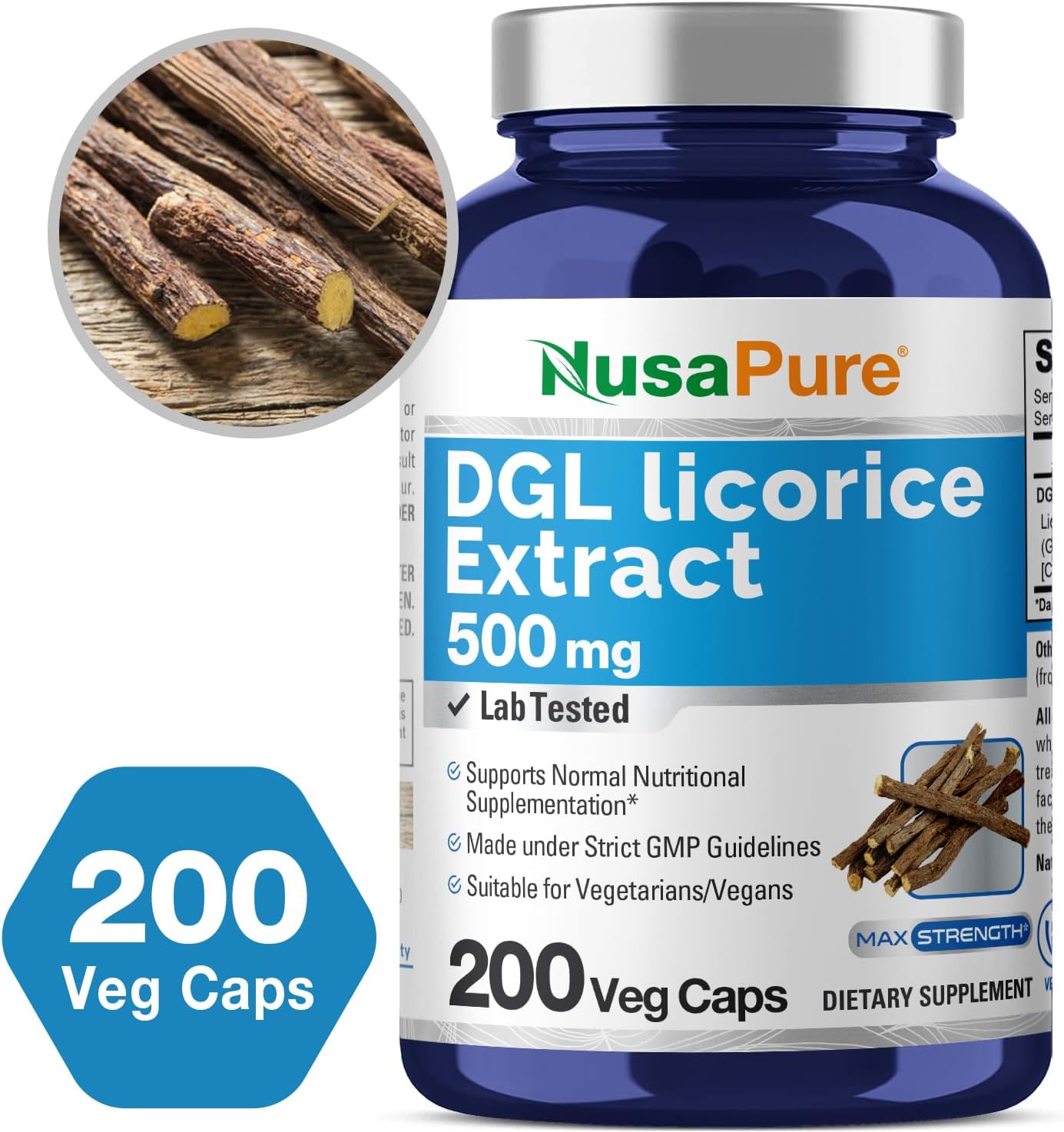 Vegan DGL Licorice Extract Capsules 500mg - Non-GMO Supplement by NusaPure (200 Veggie Caps)