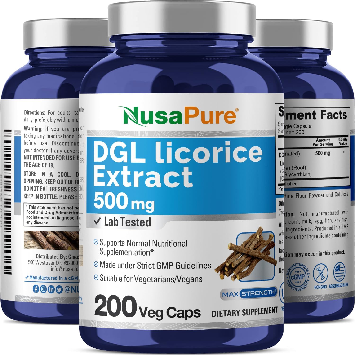 Vegan DGL Licorice Extract Capsules 500mg - Non-GMO Supplement by NusaPure (200 Veggie Caps)