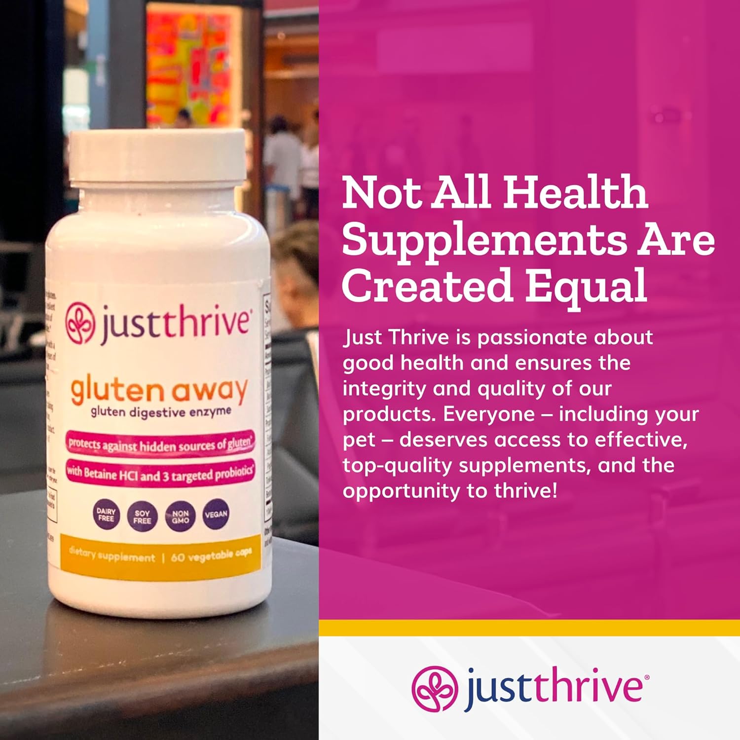 Vegan Digestive Enzymes with Probiotic Support - Just Thrive Gluten Away Supplement, 60 Capsules