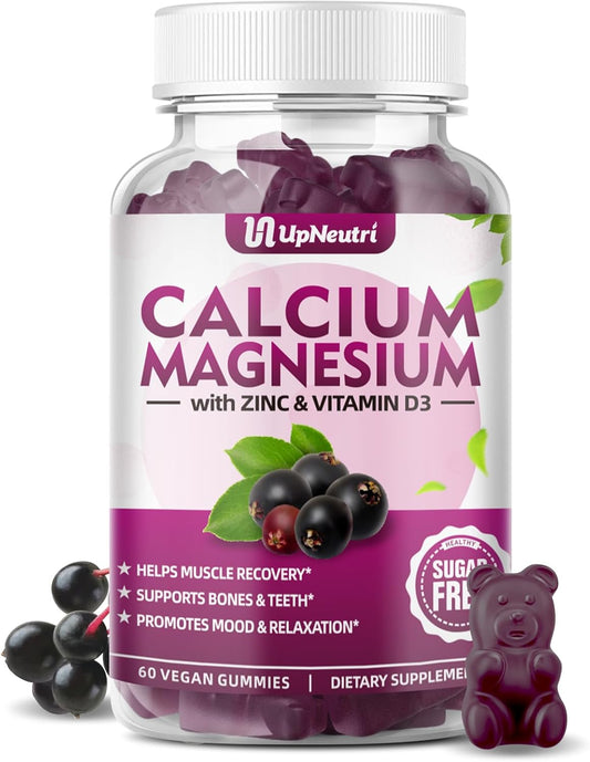 Vegan Elderberry Flavor Calcium Magnesium Zinc Gummies with Vitamin D3 - 60 Count, High Absorption Sugar-Free Supplement for Bone, Muscle, and Immune Health for Women and Men