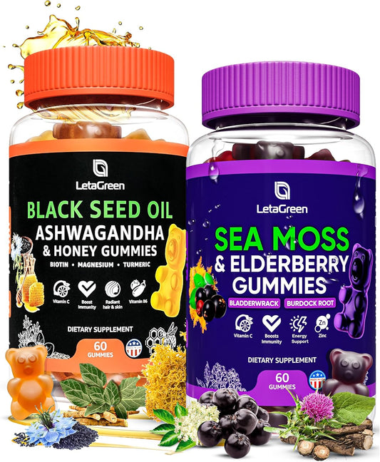 Vegan Elderberry Gummies Bundle with Irish Sea Moss, Black Seed Oil, Nigella Sativa, Ashwagandha, and Honey - 120 Gummies for Immune Support