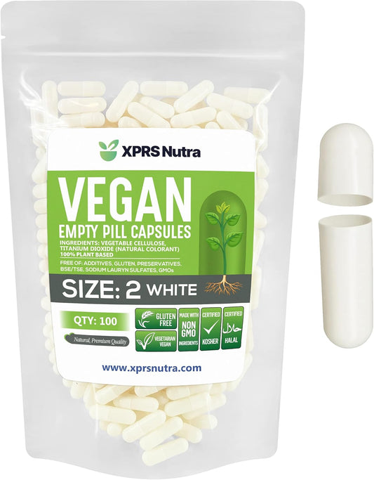 Vegan Empty Capsules Size 2 - 100 Count White Vegetarian Pill Capsules - DIY Vegetable Filling - Empty Veggie Capsules for Pills