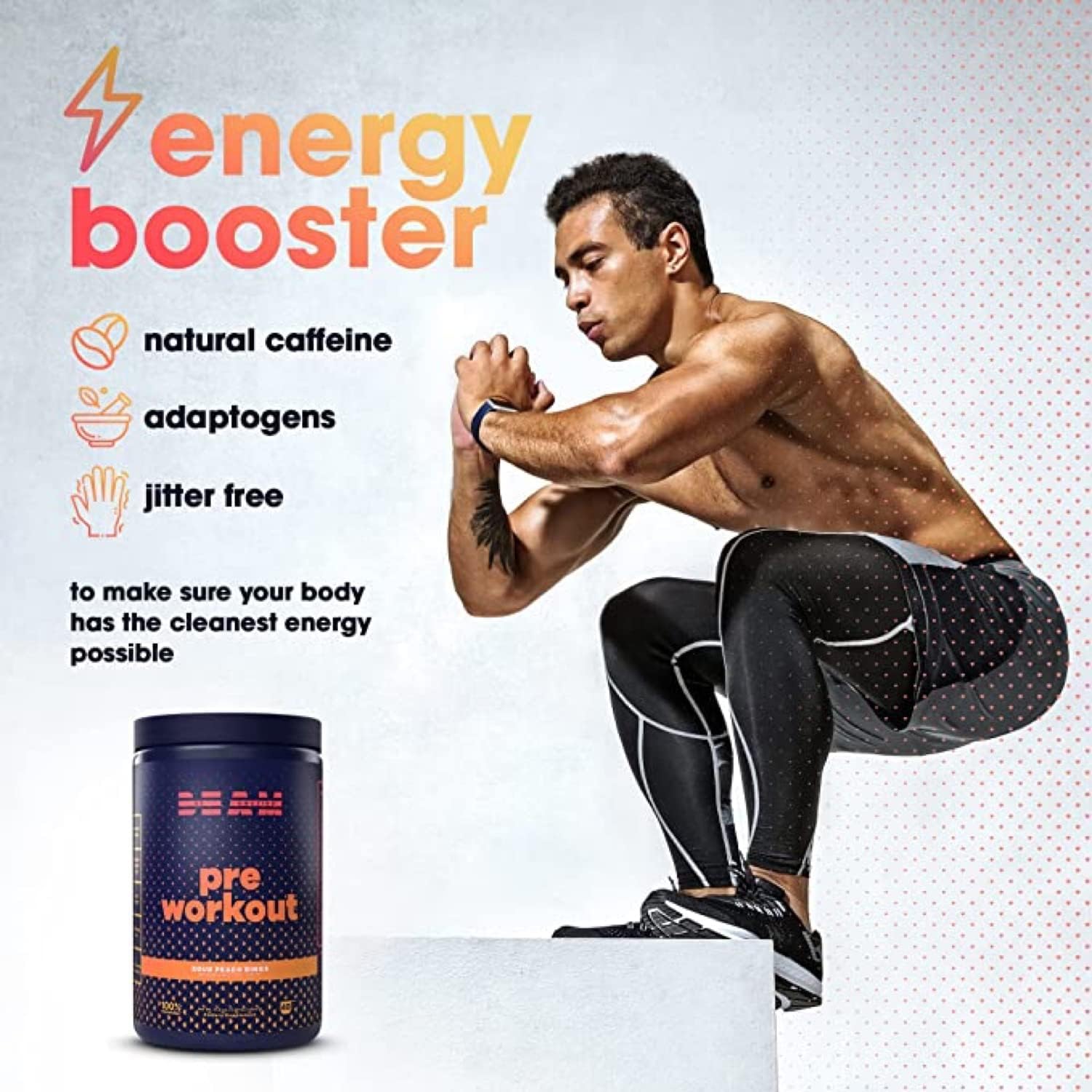 Vegan Energy Booster Pre-Workout Powder with All-Natural Caffeine and Adaptogens, Gluten-Free Sour Peach Rings Flavor