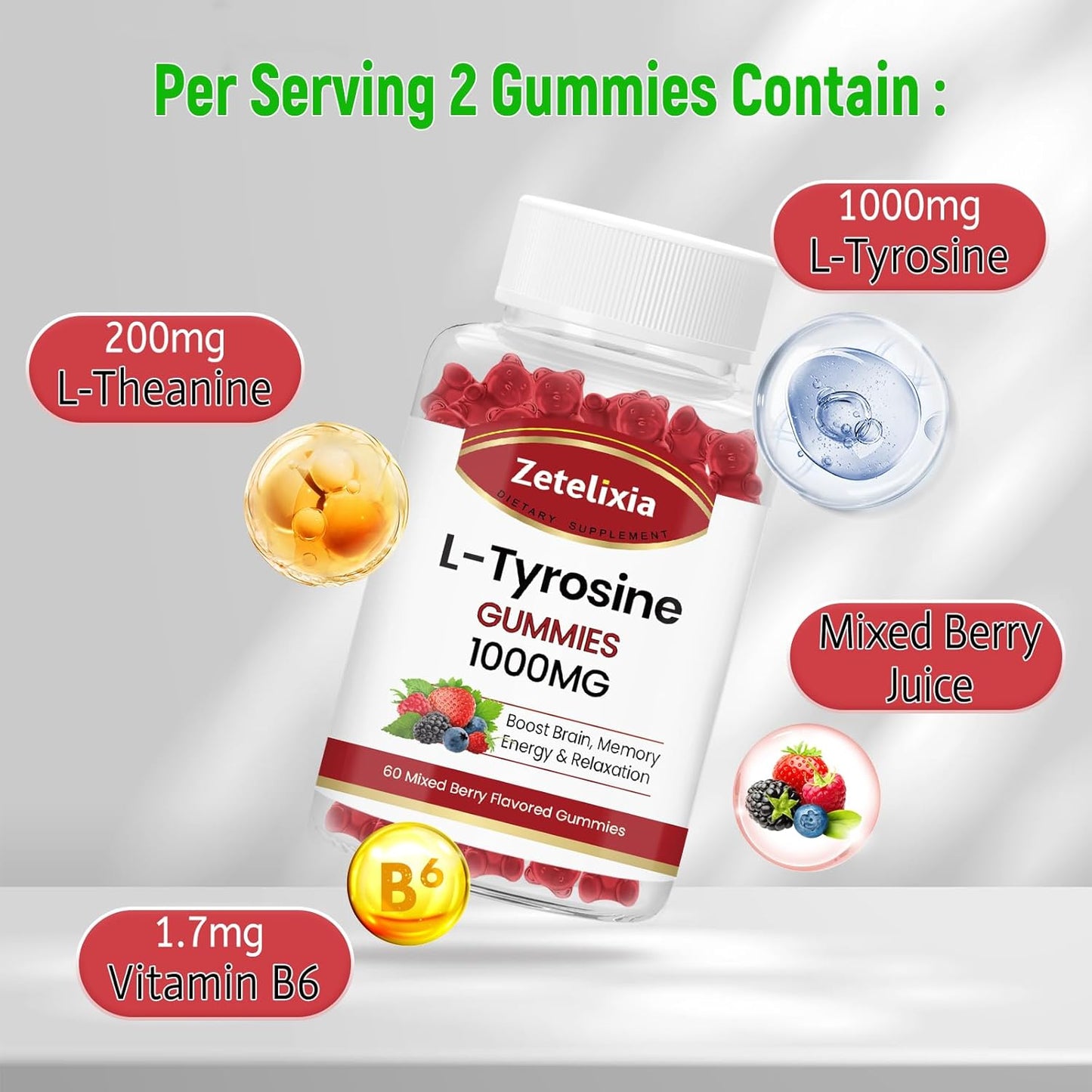 Vegan Energy Gummies with L-Tyrosine, L-Theanine, and Vitamin B6 - 1000mg and 200mg - Sugar-Free Supplement for Adults & Kids (60 Count)