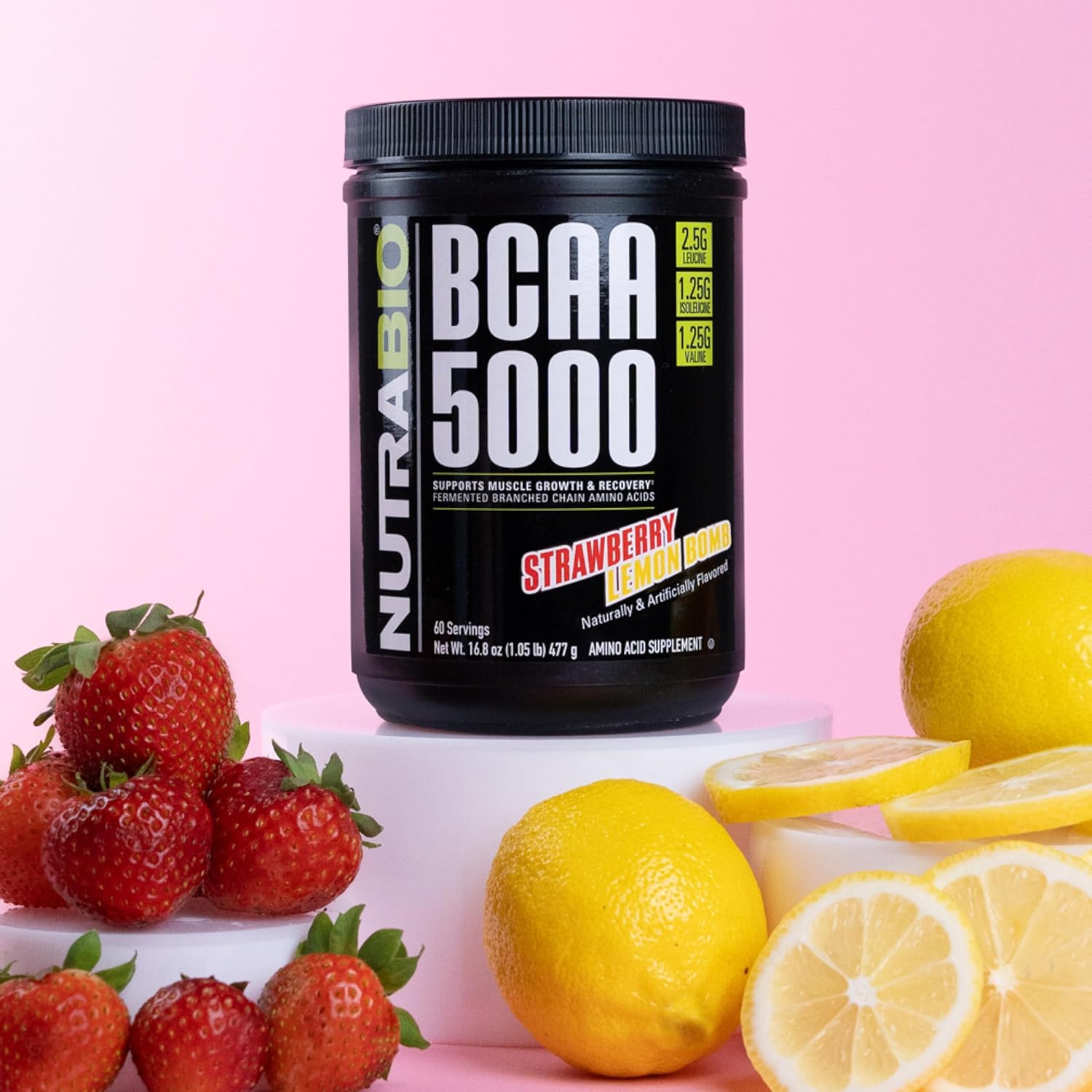 Vegan Fermented BCAA Powder for Lean Muscle Growth, Recovery, and Endurance - NutraBio BCAA 5000 - 60 Servings - Strawberry Lemon Flavor