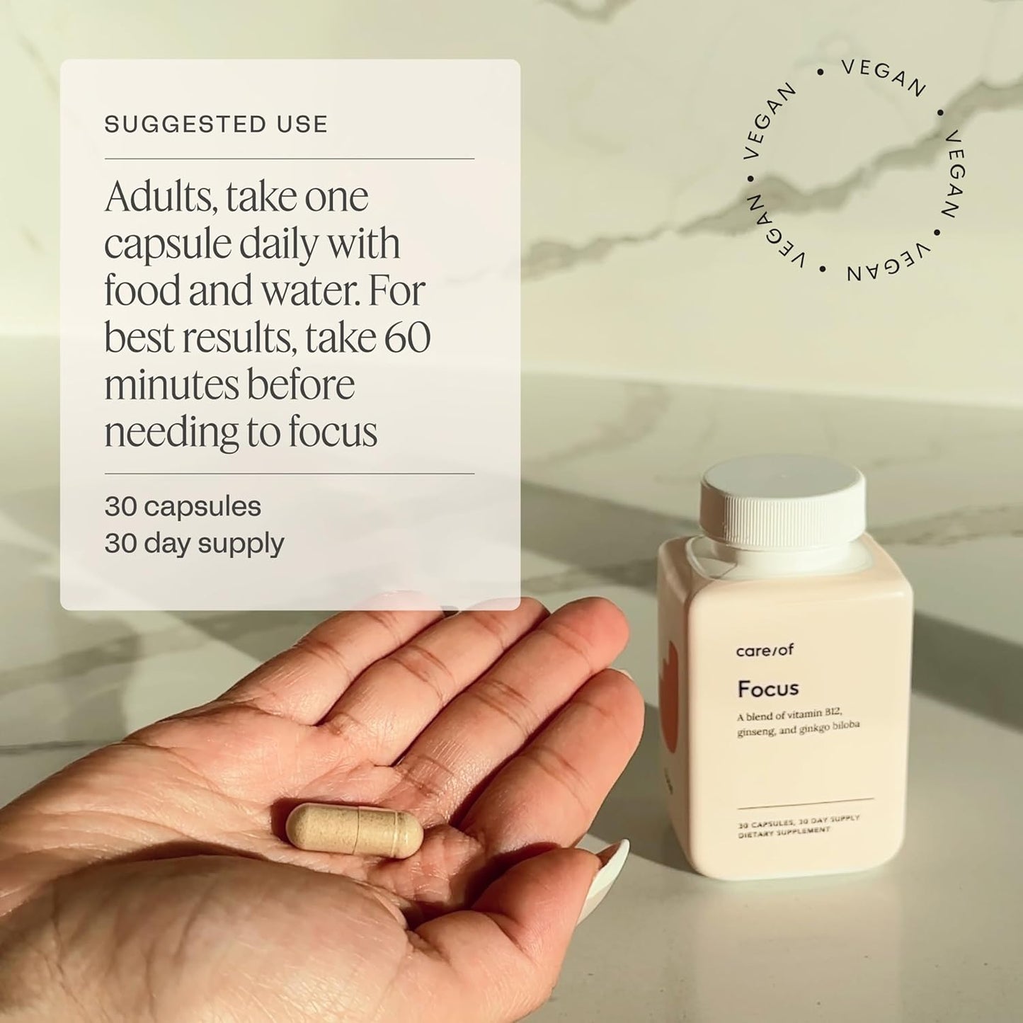 Vegan Focus Vitamins with B12, Ginseng, & Gingko Biloba - Supports Brain Function - Non-GMO - 30 Day Supply