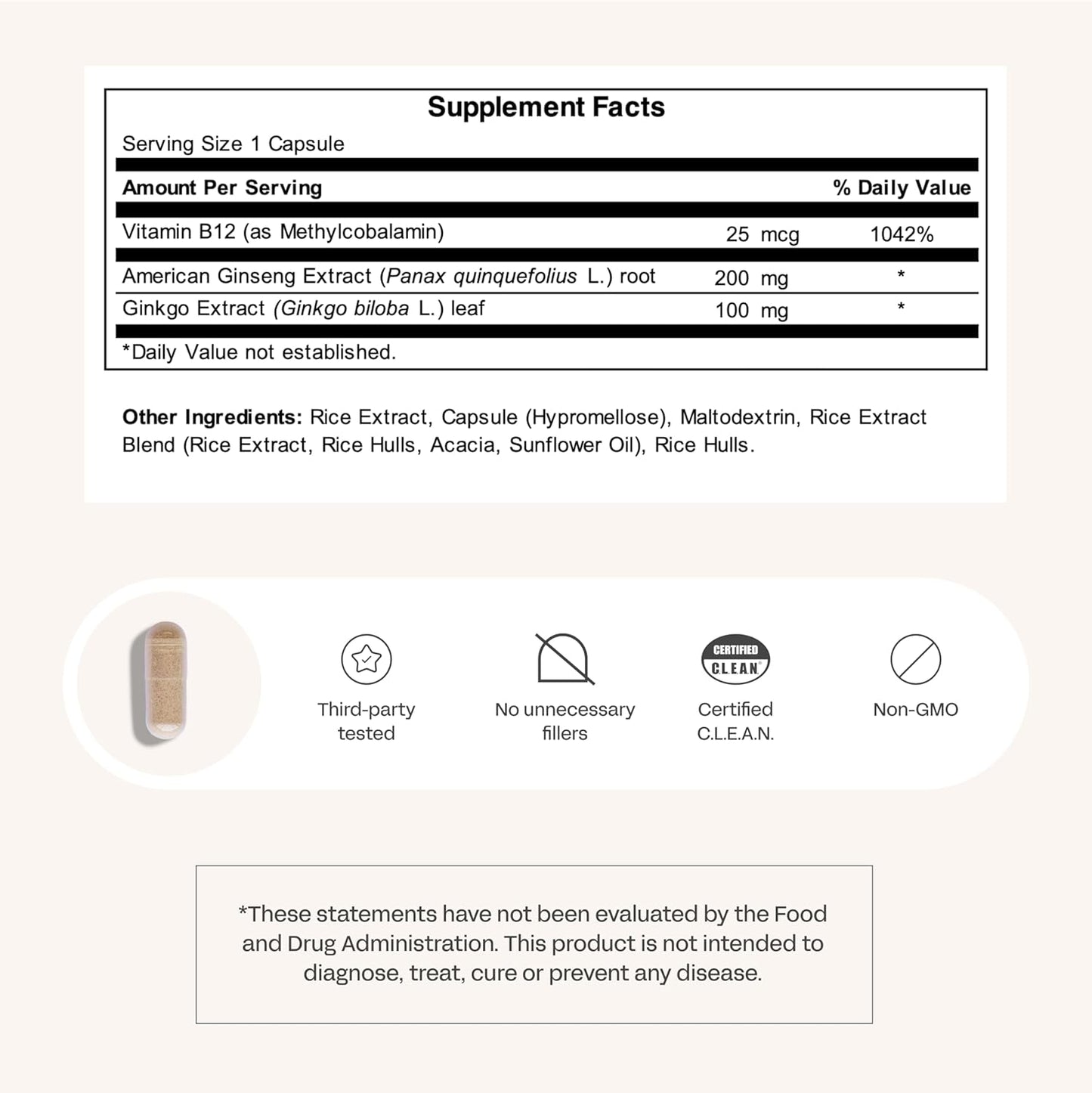 Vegan Focus Vitamins with B12, Ginseng, & Gingko Biloba - Supports Brain Function - Non-GMO - 30 Day Supply