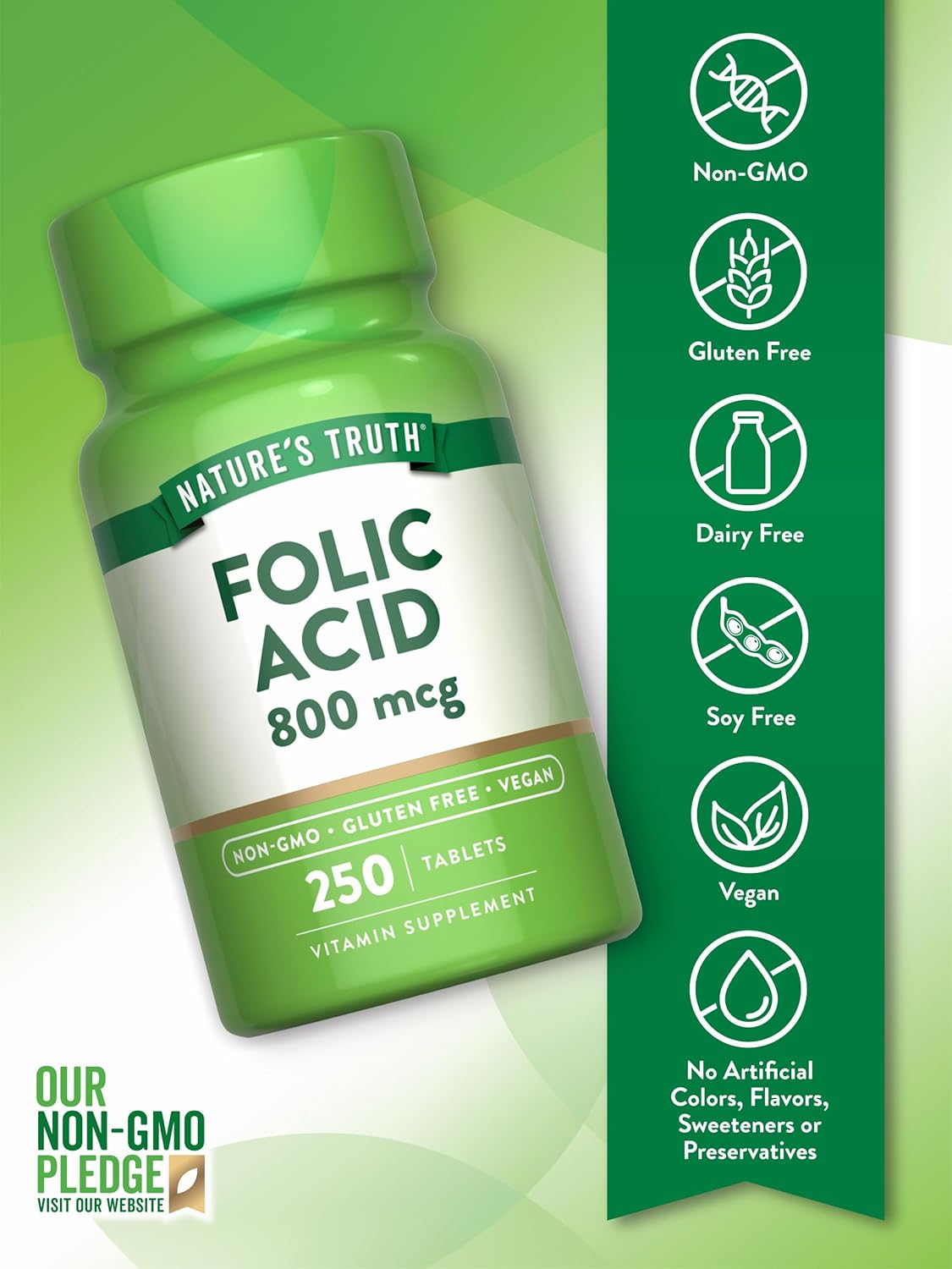 Vegan Folic Acid Supplement 800 mcg - 250 Tablets, Non-GMO & Gluten Free Formula by Nature's Truth
