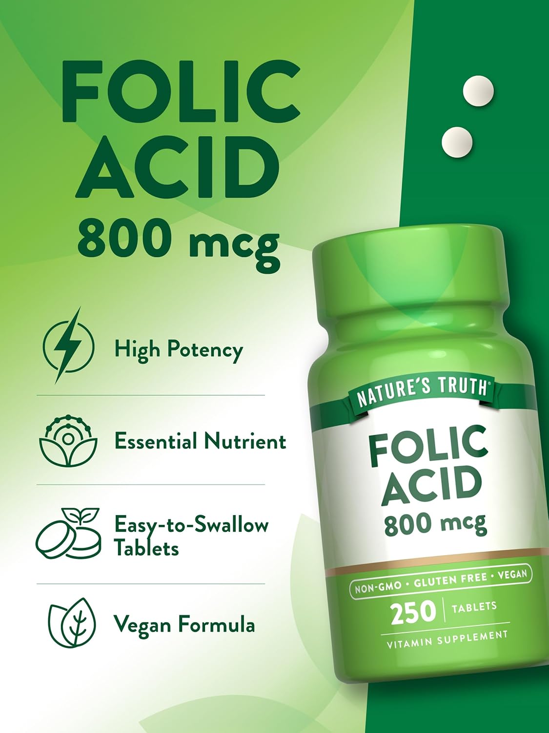 Vegan Folic Acid Supplement 800 mcg - 250 Tablets, Non-GMO & Gluten Free Formula by Nature's Truth