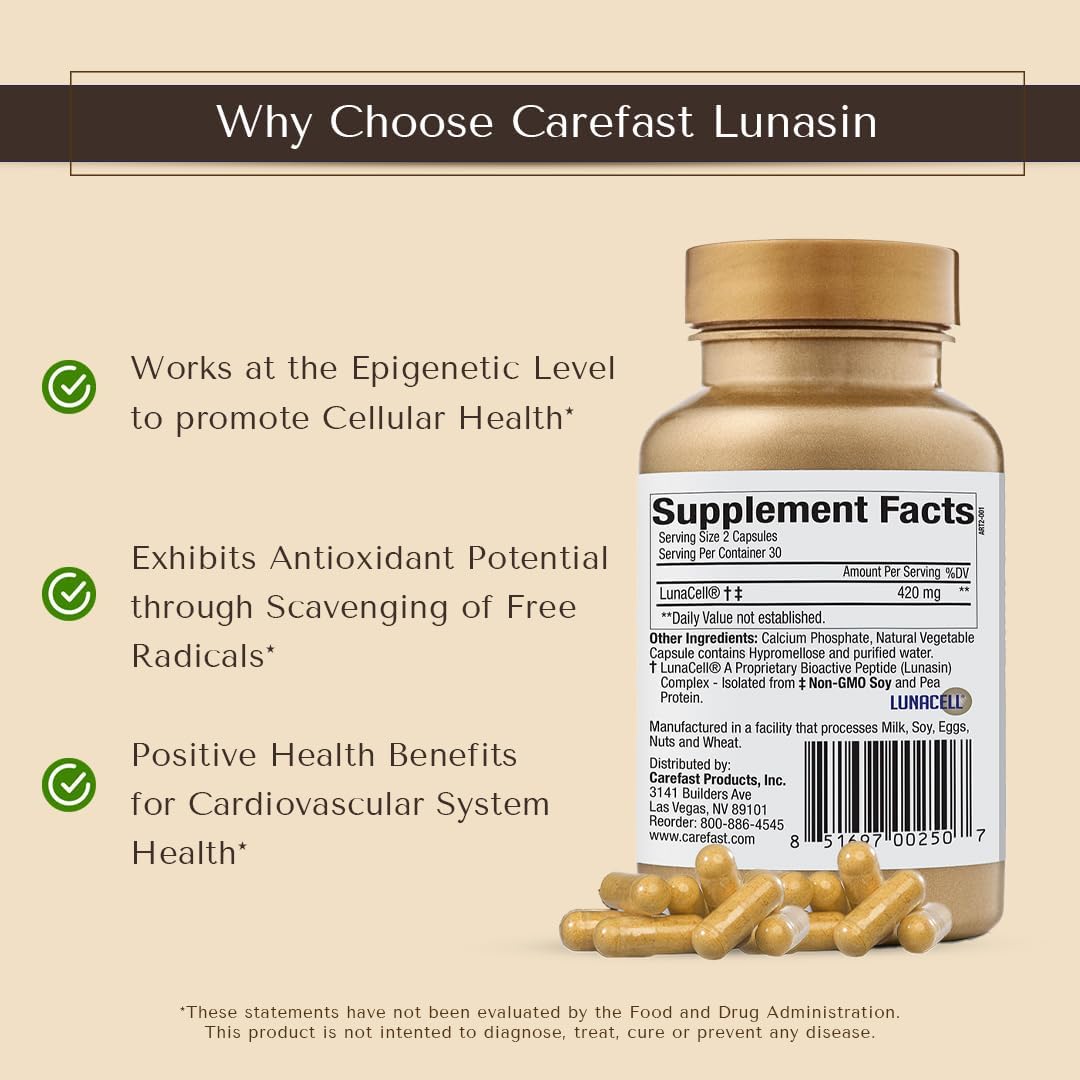 Vegan-Friendly CAREFAST Lunasin Supplement for Cellular Health and Wellness with Triple-Antioxidant Defense
