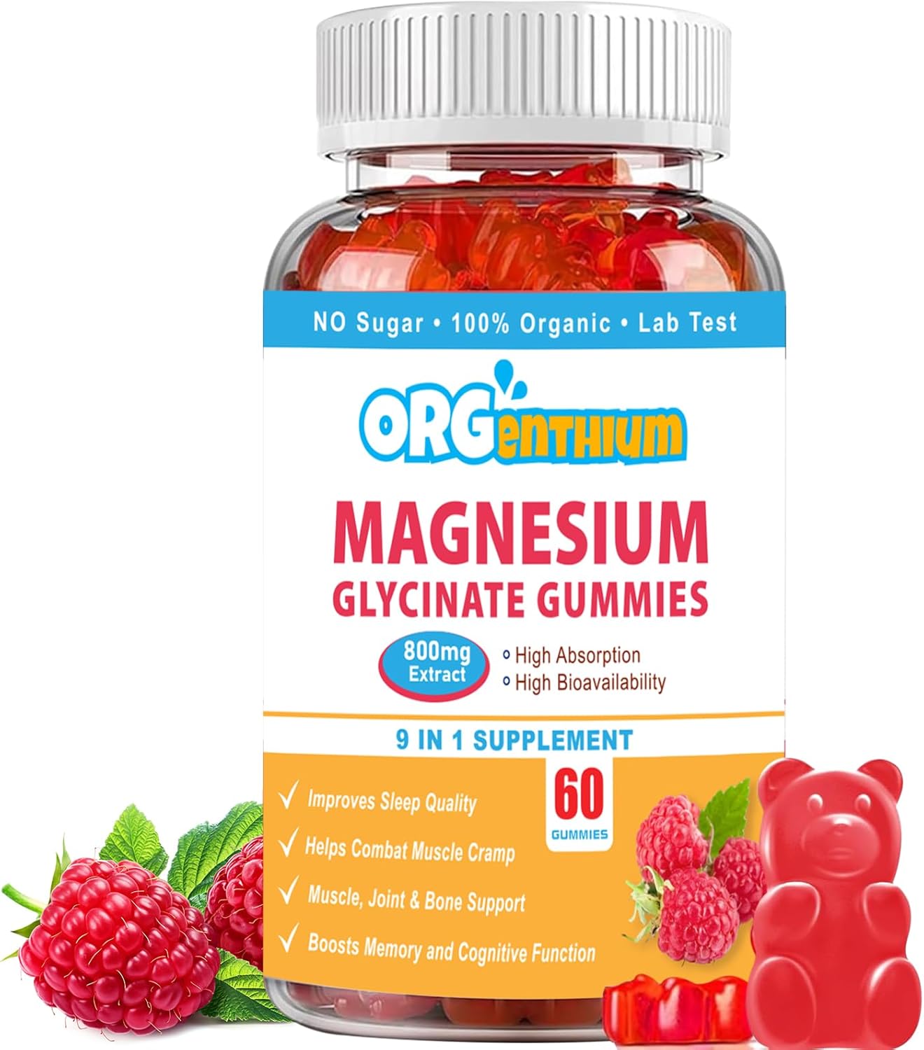 Vegan-Friendly OrgEnthium Magnesium Glycinate Gummies for Relaxation | Sugar-Free, Gluten-Free, Non-GMO | 60 Count