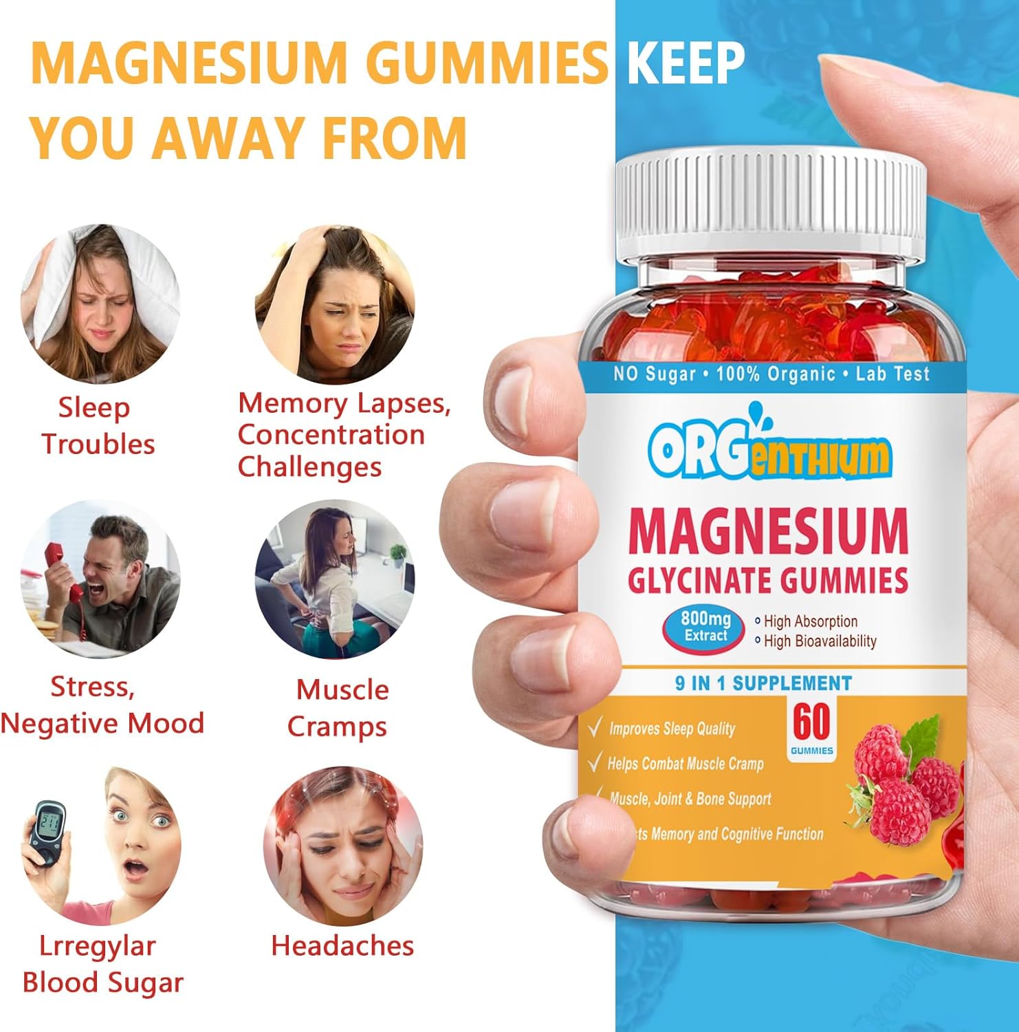 Vegan-Friendly OrgEnthium Magnesium Glycinate Gummies for Relaxation | Sugar-Free, Gluten-Free, Non-GMO | 60 Count