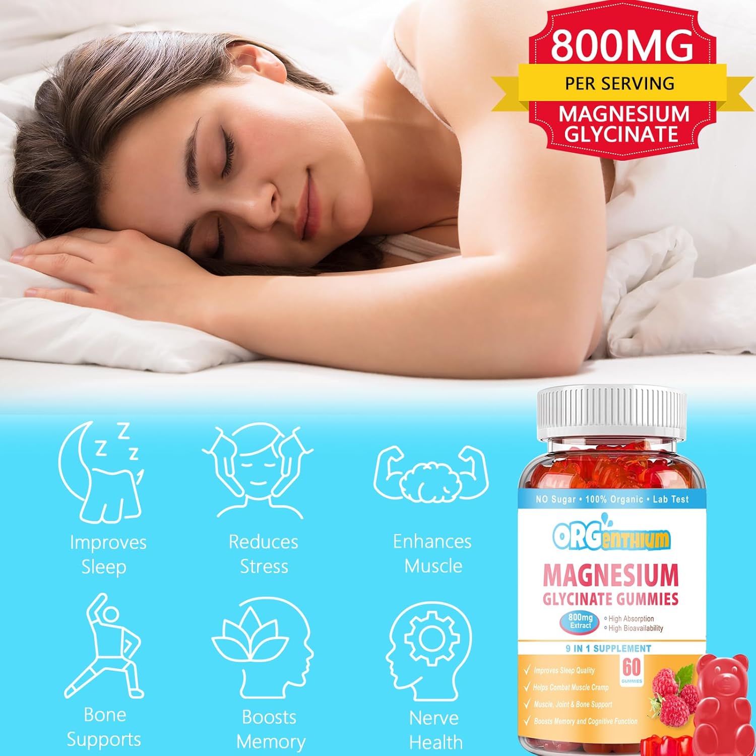 Vegan-Friendly OrgEnthium Magnesium Glycinate Gummies for Relaxation | Sugar-Free, Gluten-Free, Non-GMO | 60 Count