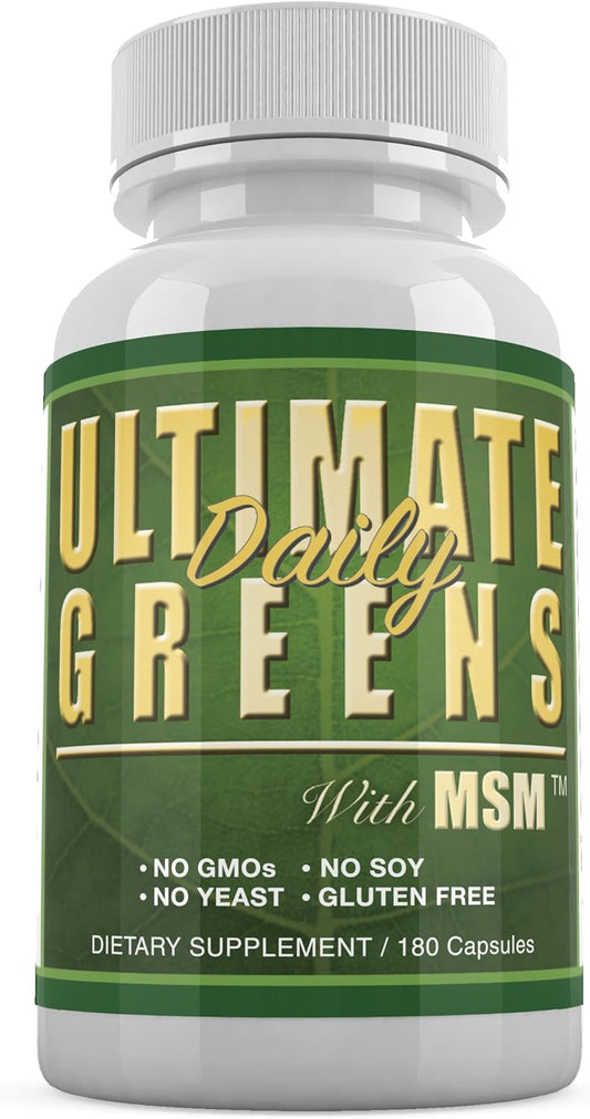Vegan Friendly Ultimate Greens with MSM 1925mg - Natural Superfood Supplement for Immune Support & Energy - 180 Capsules