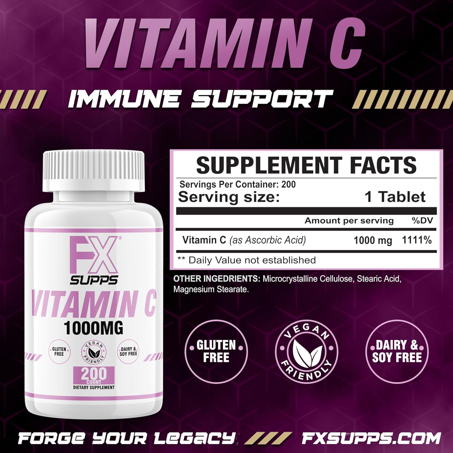 Vegan-Friendly Vitamin C 1,000mg 200ct Tablets for Immune System Support, Mood, and Skin Health